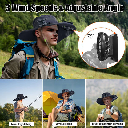 Solar powered sun hat with dual fan vents, navy; wide brim and chin strap
