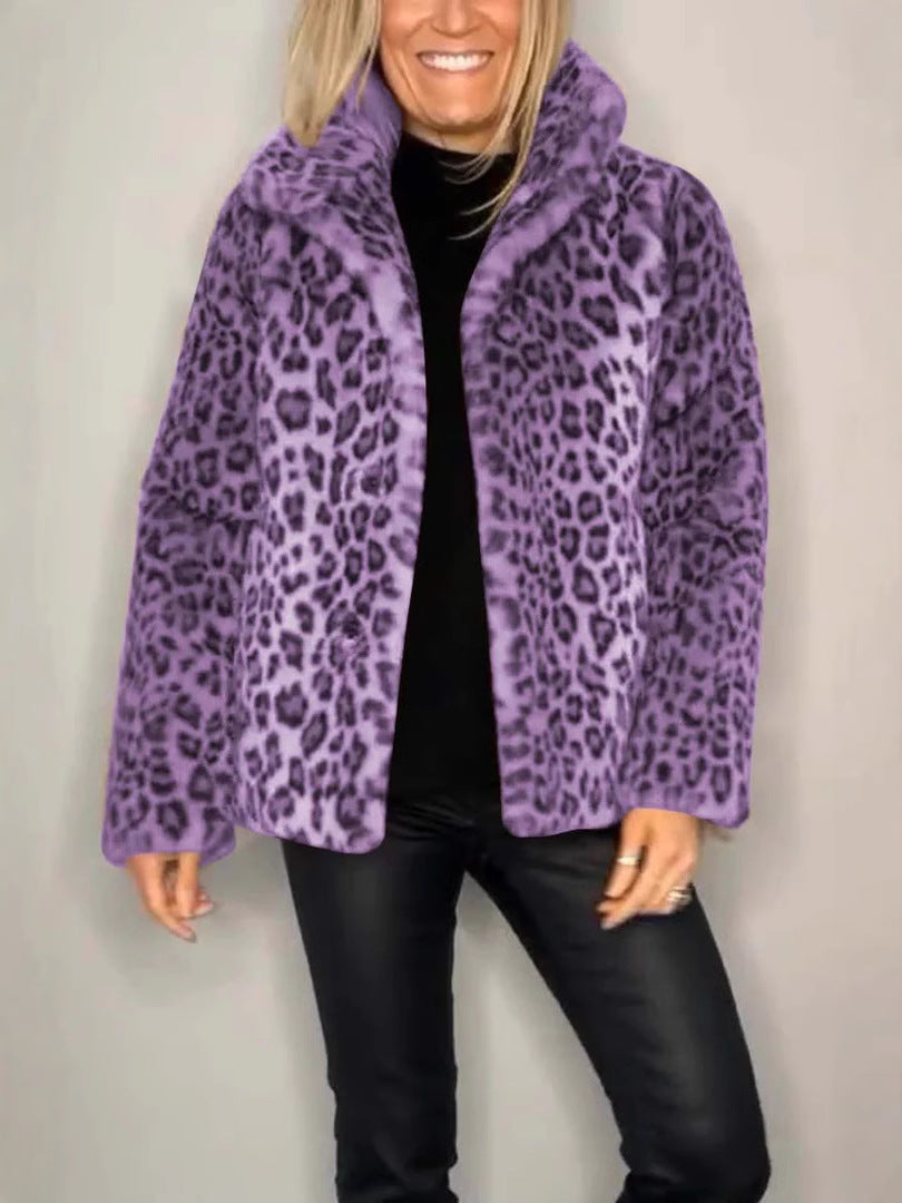 Women's Leopard Print Faux Leather Jacket | Woolen Lapel Winter Top
