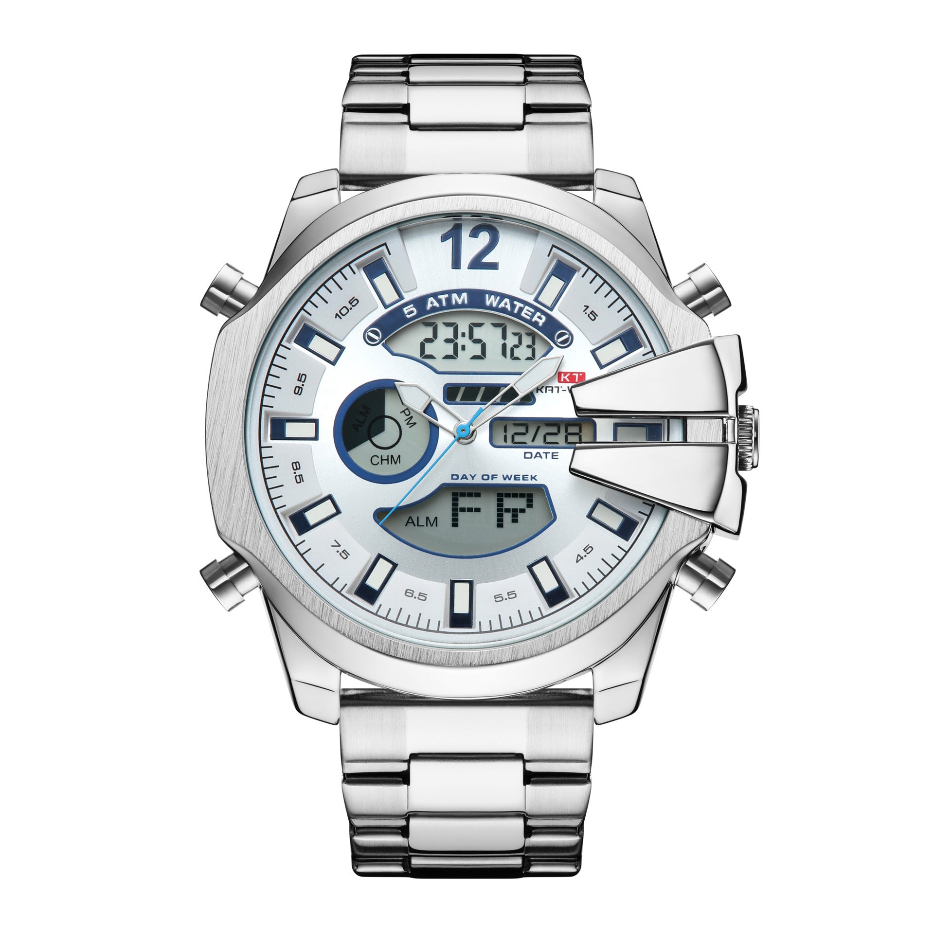 Silver double-display sports watch with metal bracelet and light blue digital dial