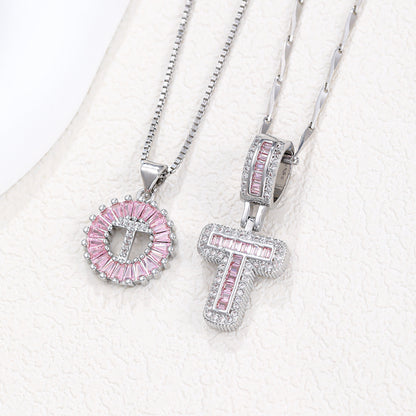 Rock Sugar 26-letter Pendant Necklace For Women, Copper Inlaid Zircon Round Flower Jewelry Set