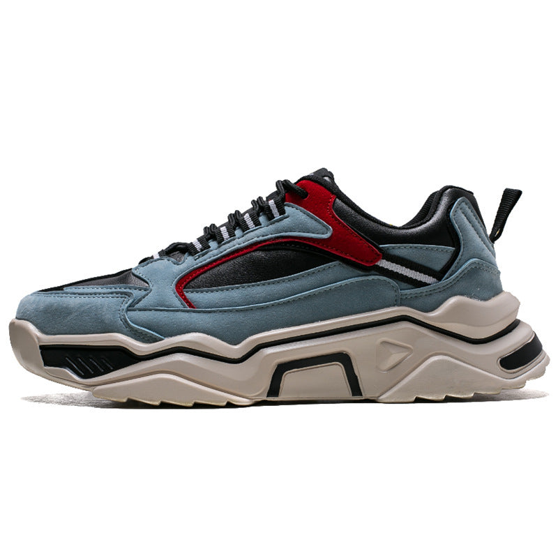 Light blue casual sneaker with red accents, dark laces, and chunky sole.