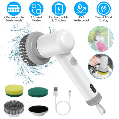 Cordless handheld spin scrubber with white body and gray bristle brush head, plus attachments
