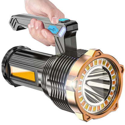 Black rechargeable LED flashlight with COB-style front and top control panel