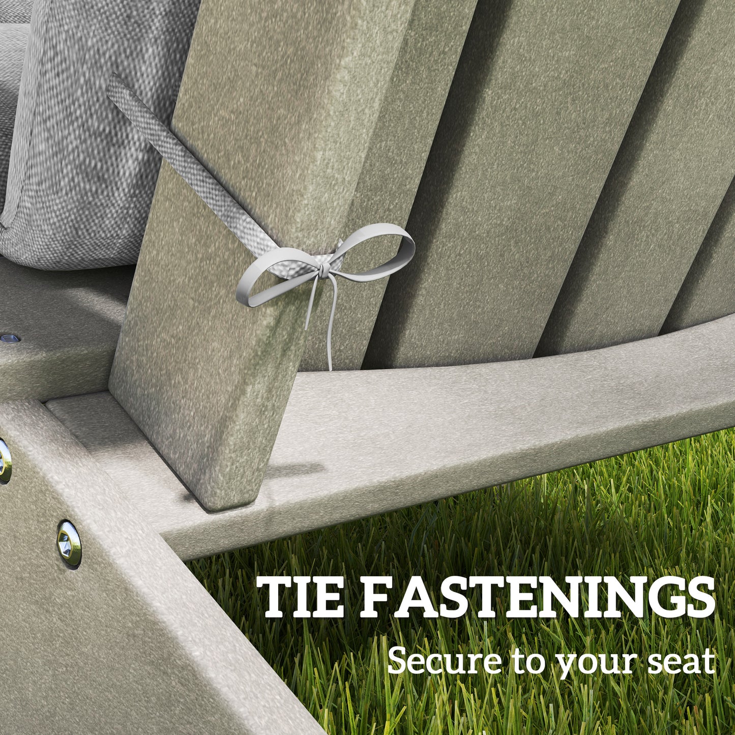 Gray high back cushion with tied straps and padded seat edge