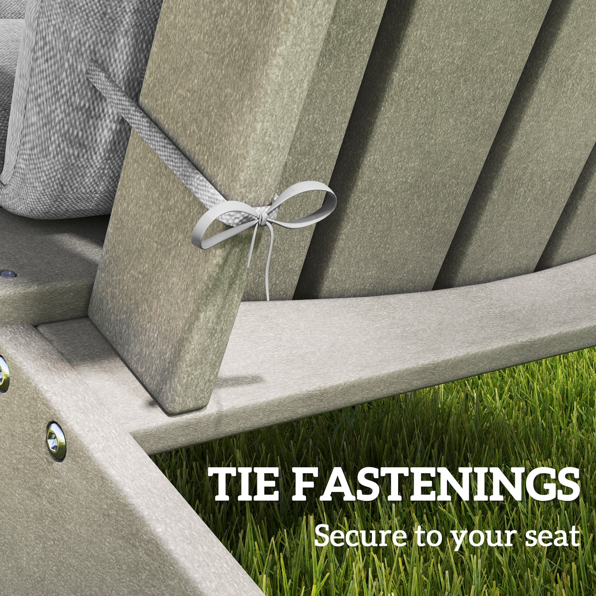 Gray high back cushion with tied straps and padded seat edge