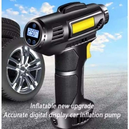 Black handheld digital tire inflator with round LCD screen and yellow display