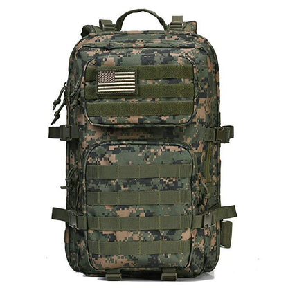 Green woodland camo tactical backpack with front organizer and rectangular flag patch