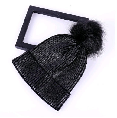 Autumn and winter new hat color hair ball knit hat men and women warm gold silver shiny wool hat