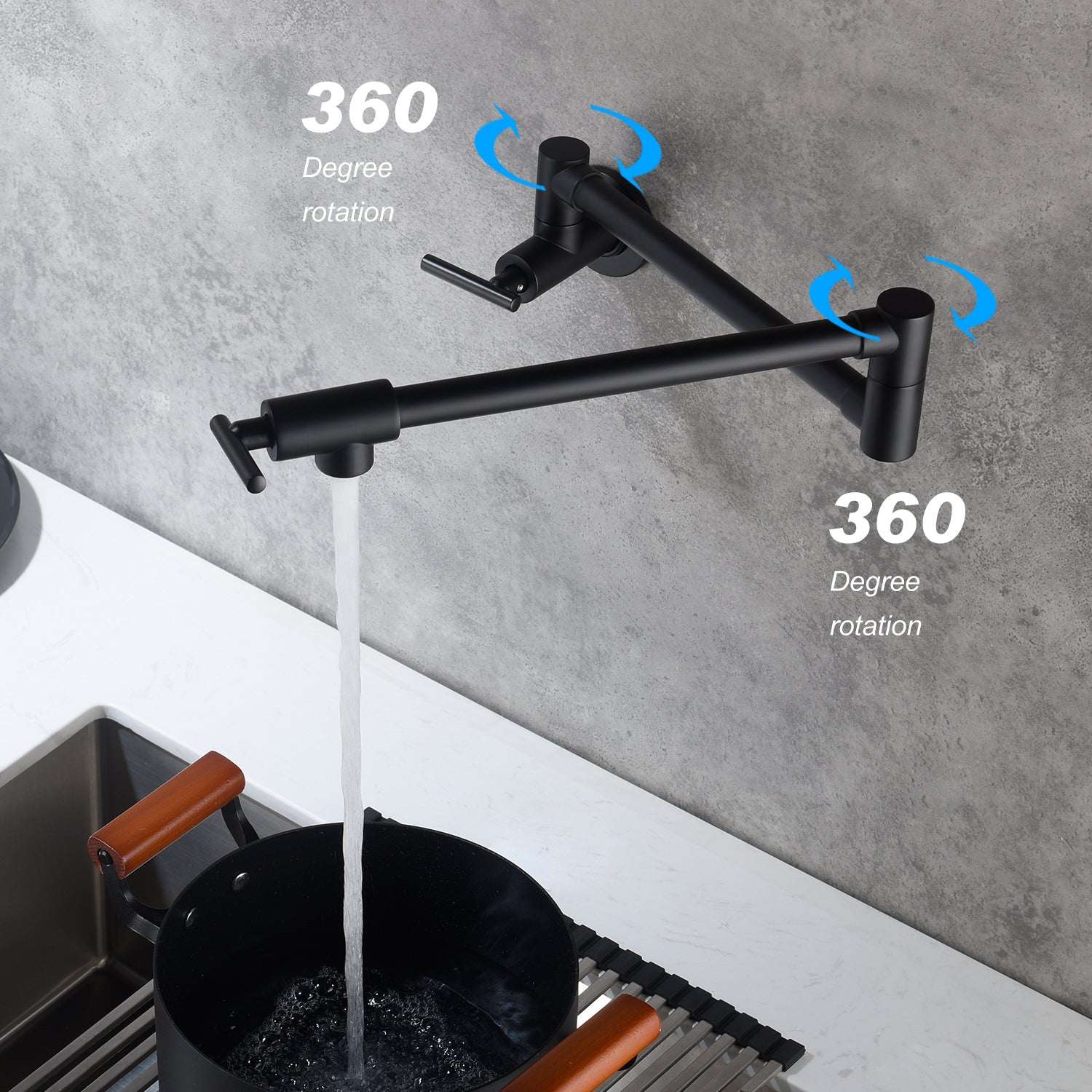 Matte black pot filler faucet with 360-degree rotation arm and wall control