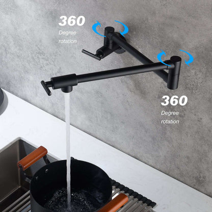 Matte black pot filler faucet with 360-degree rotation arm and wall control