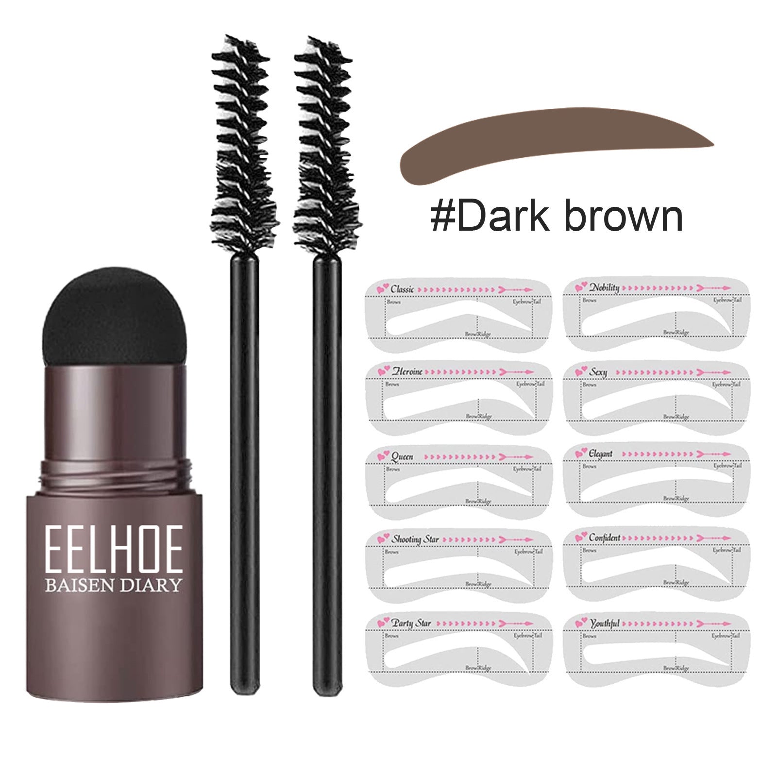 Dark brown eyebrow stamp set with applicator, 2 spoolie brushes, and brow stencil cards