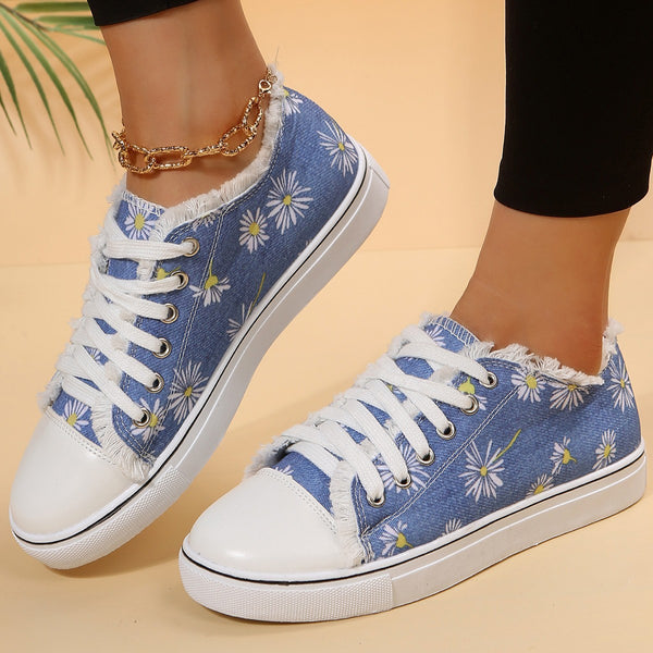 Women’s Floral Canvas Loafers – Casual Lace-Up Walking Shoes