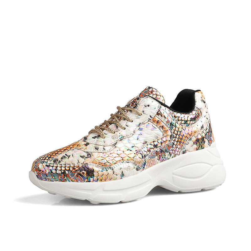 Snakeskin platform sneaker, multicolor snakeskin upper with tan laces and white chunky sole