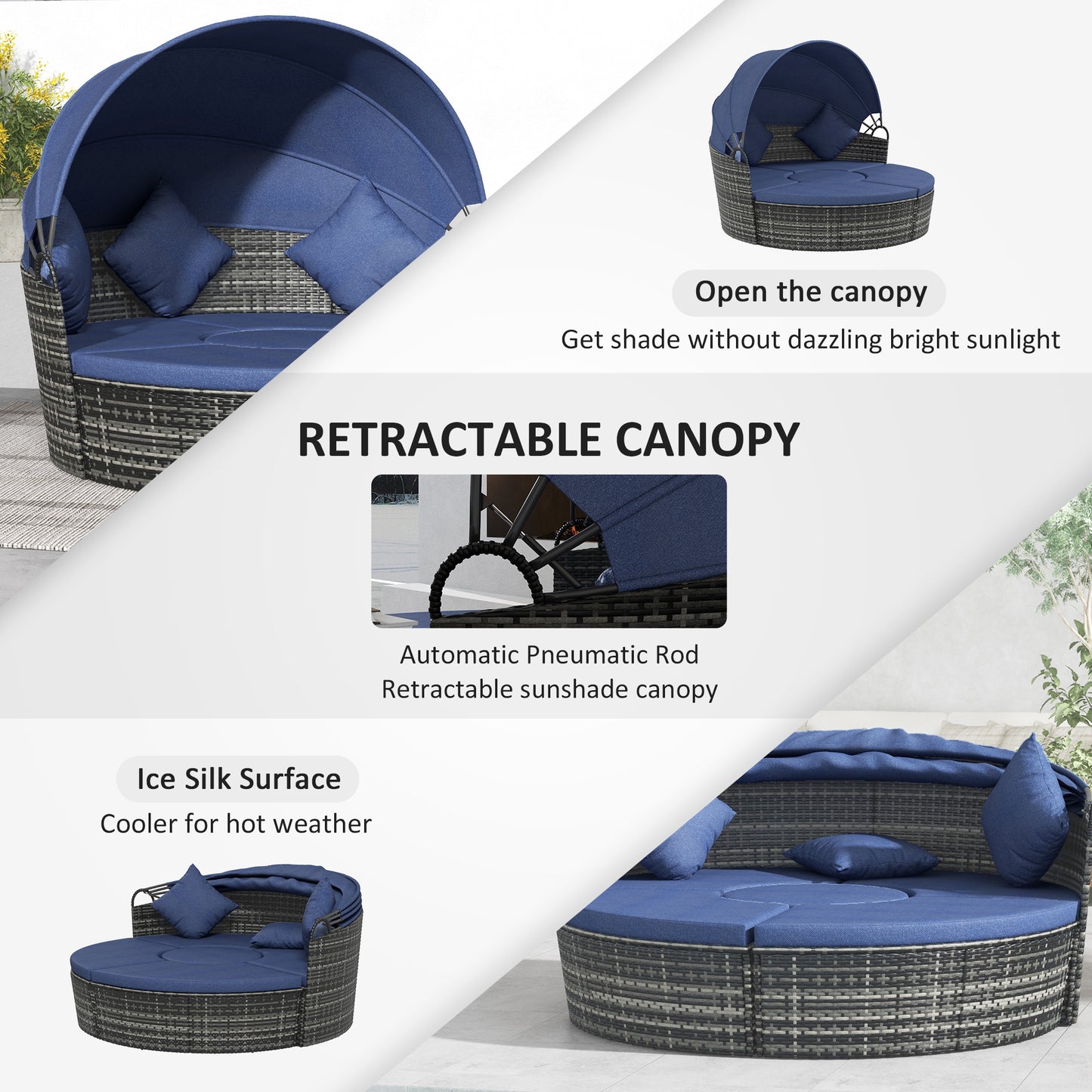 4-Piece Rattan Outdoor Sunbed & Sofa Set with Canopy - Dark Blue