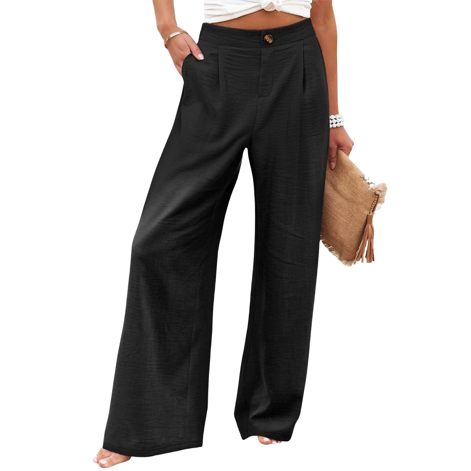 Wide-Leg Trousers with Button Detail – Elegant & Comfortable Fit Women's Button Elastic Waist Wide Leg Tr | Ectron Online