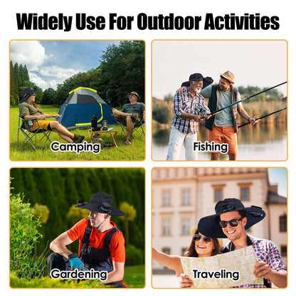 Solar powered sun hat with dual fan vents, black; wide brim shown during outdoor activities