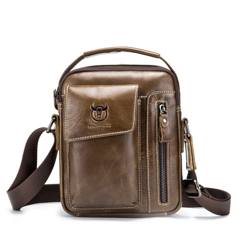 Dark brown leather messenger bag with front flap, center zip pocket, and crossbody strap.