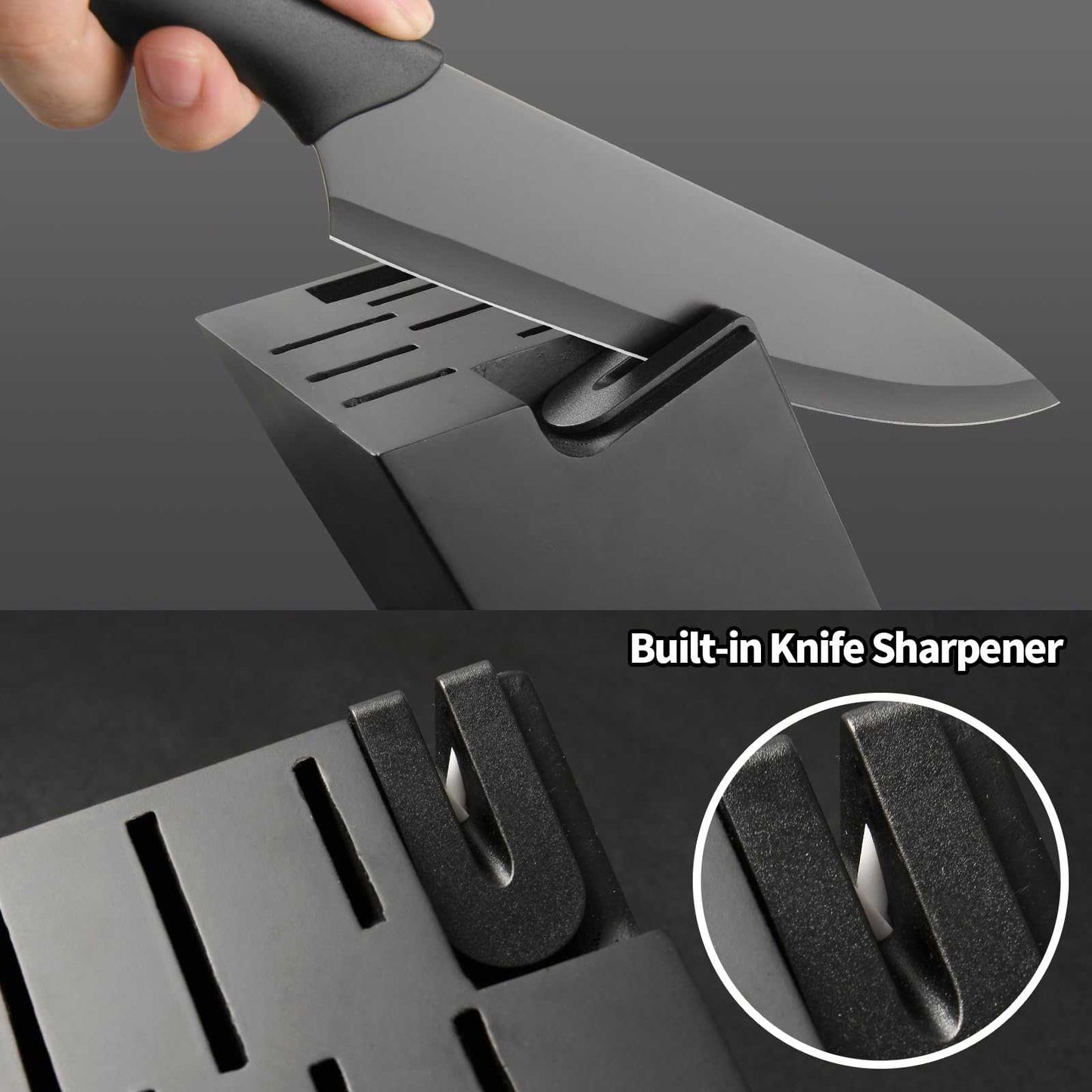 Black knife block set with built-in sharpener and seated chef’s knife