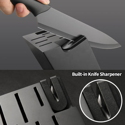 Black-handled knife with built-in sharpener slot over a cutting block