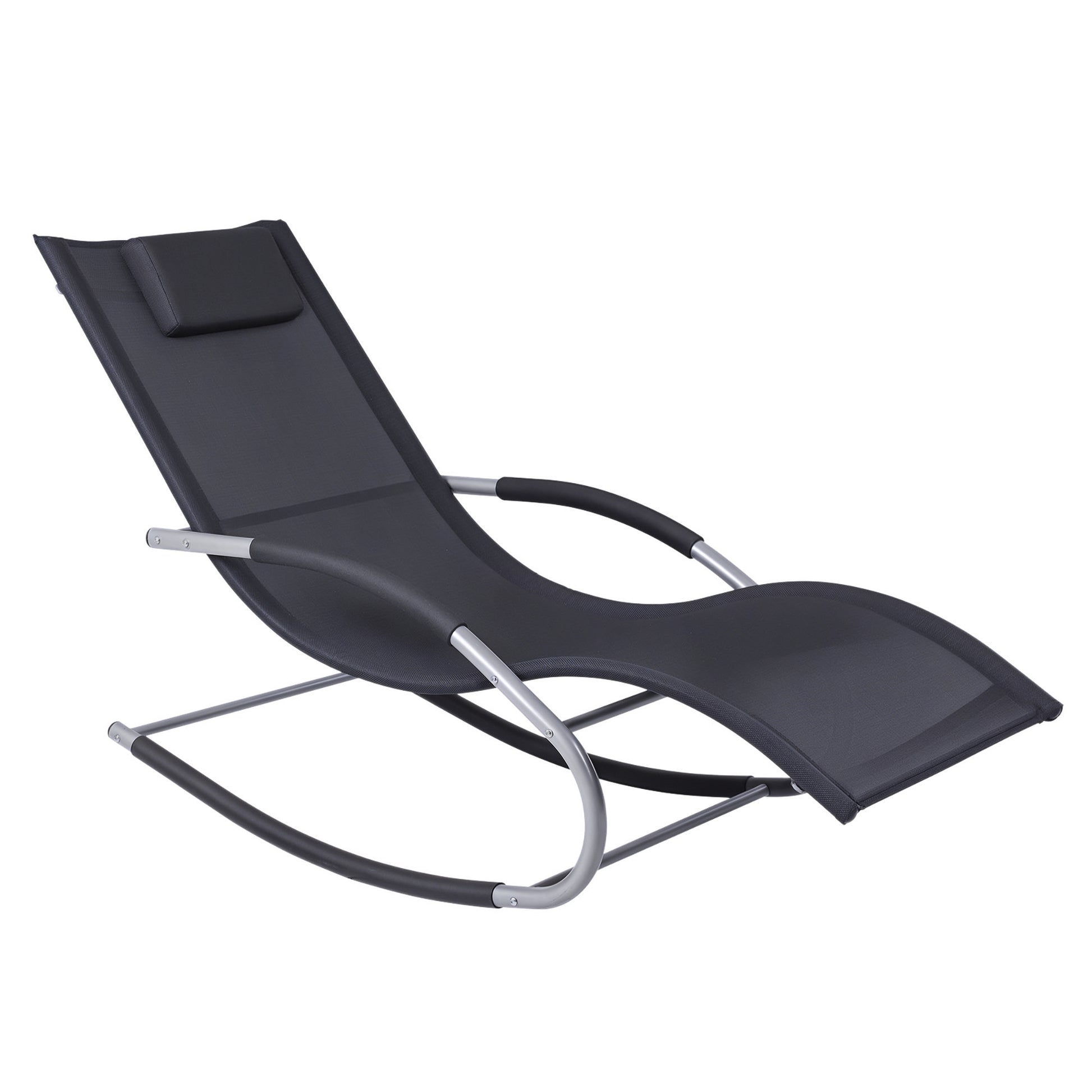 Black outdoor rocking lounge chair with sling backrest, padded headrest, and curved metal rockers