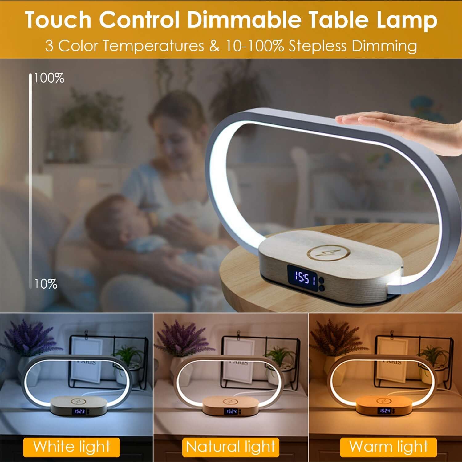 3-in-1 LED Bedside Lamp with Wireless Charging & Clock 1 Set Bedside Table Lamp Touch Control L | Ectron Online