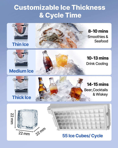 Ice maker with ice thickness options and 22 mm measurement panel