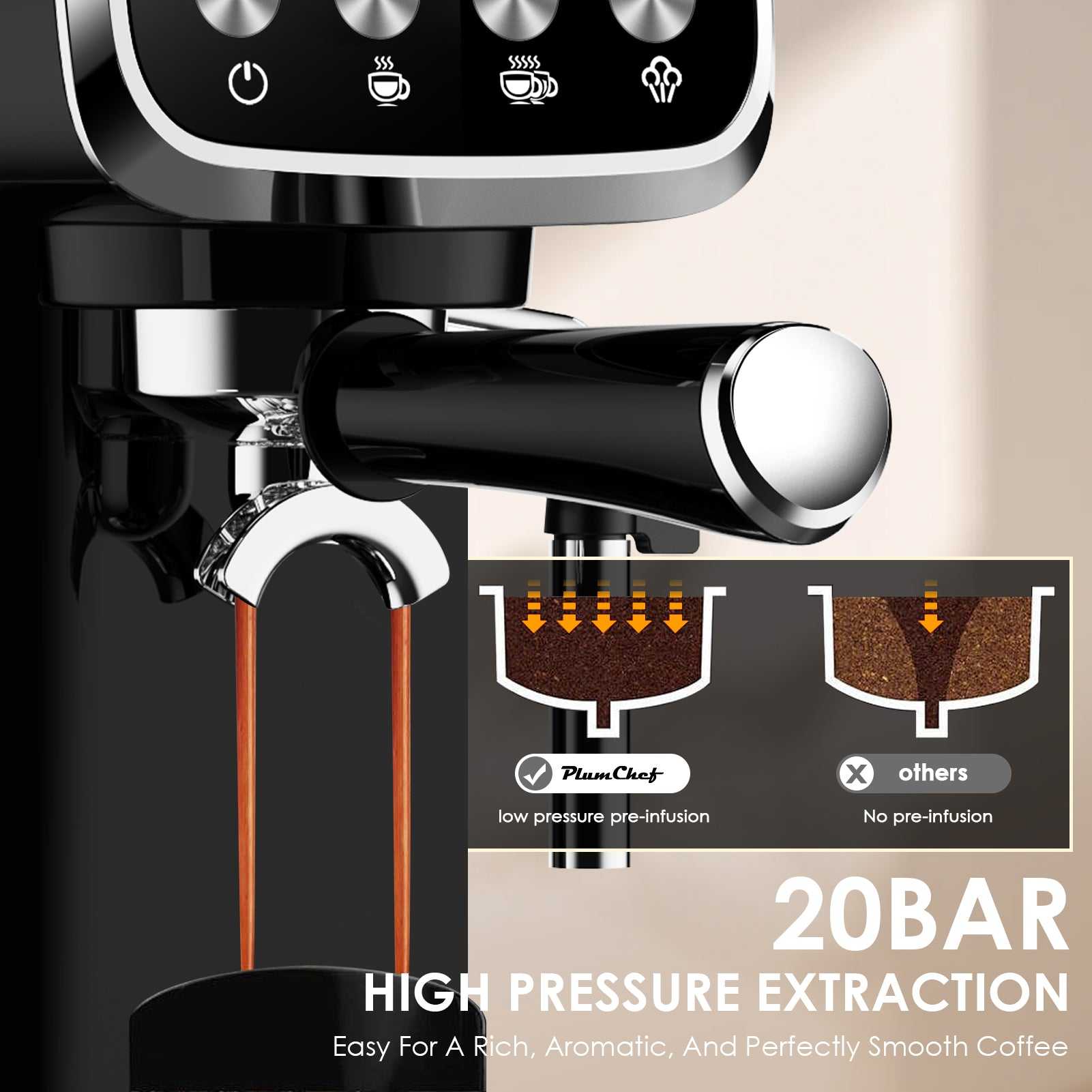 Black espresso machine close-up with milk frother nozzle and front control area.