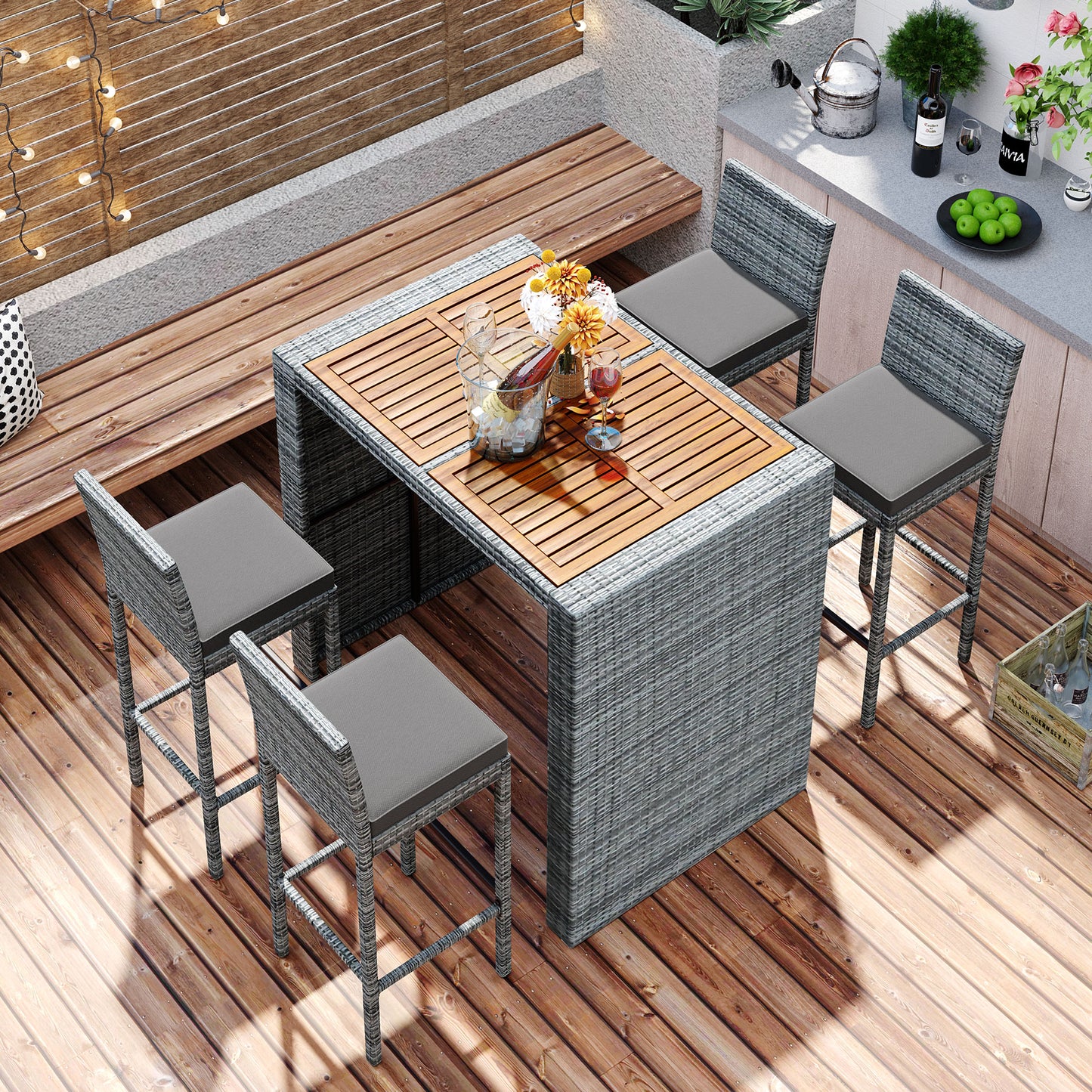5-Piece Outdoor Patio Wicker Bar Set - Acacia Wood Top & Gray Wicker
