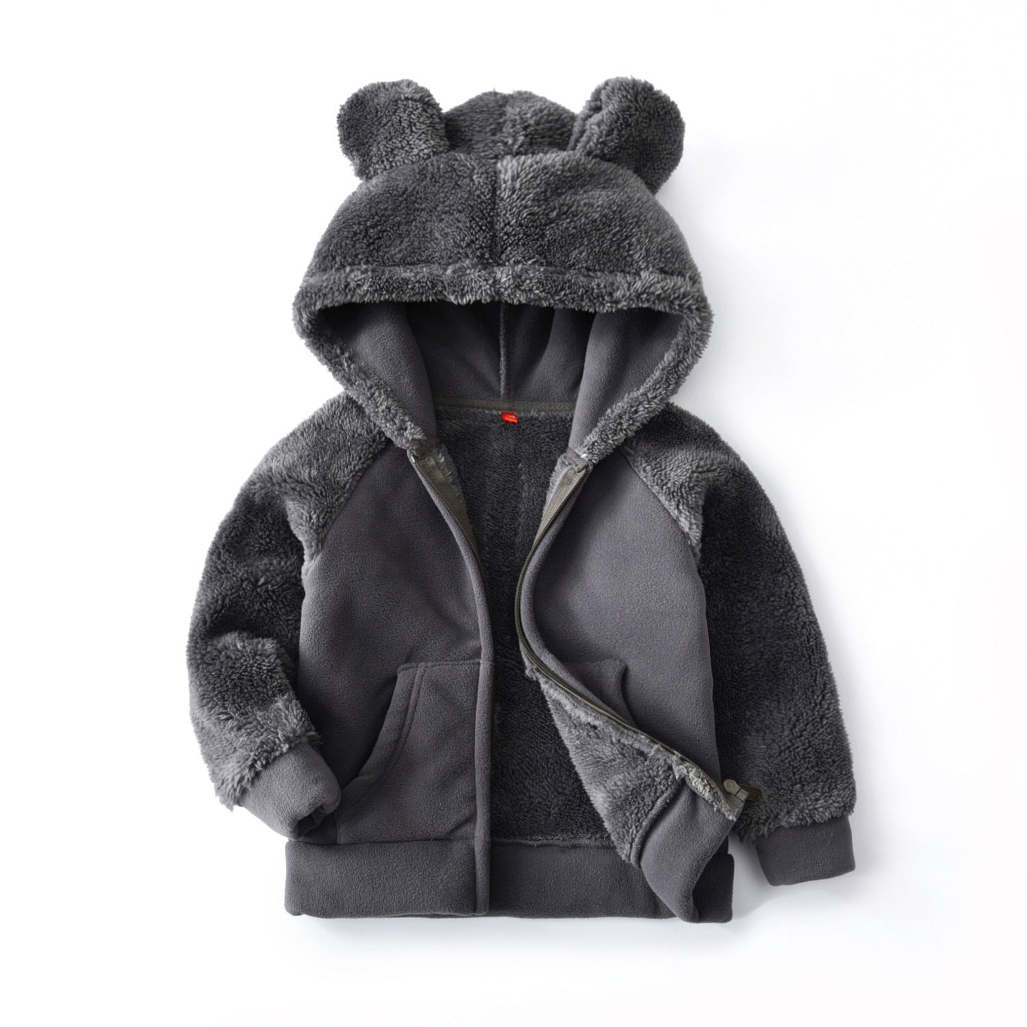 Dark gray hooded fleece jacket for girls with full front zipper and ear hood