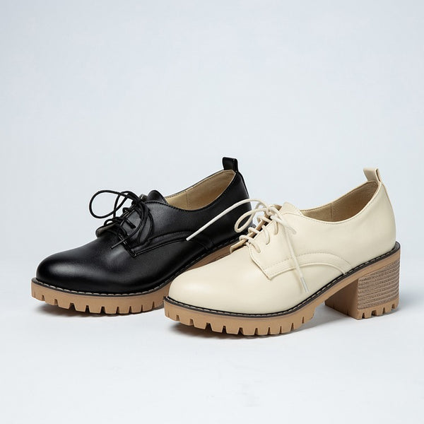 Women’s Lace-up Thick-Heel Leather Shoes – Spring & Autumn Style