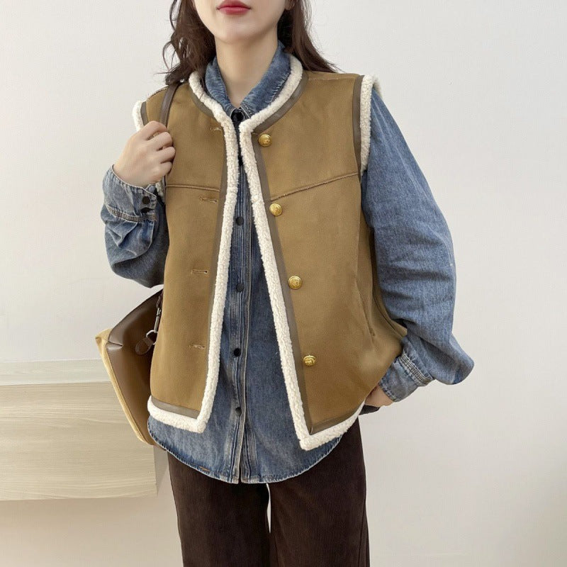Women's Retro Short Leather & Fur Crew Neck Vest Retro Crew Neck Short Leather And Fur Ve | Ectron Online