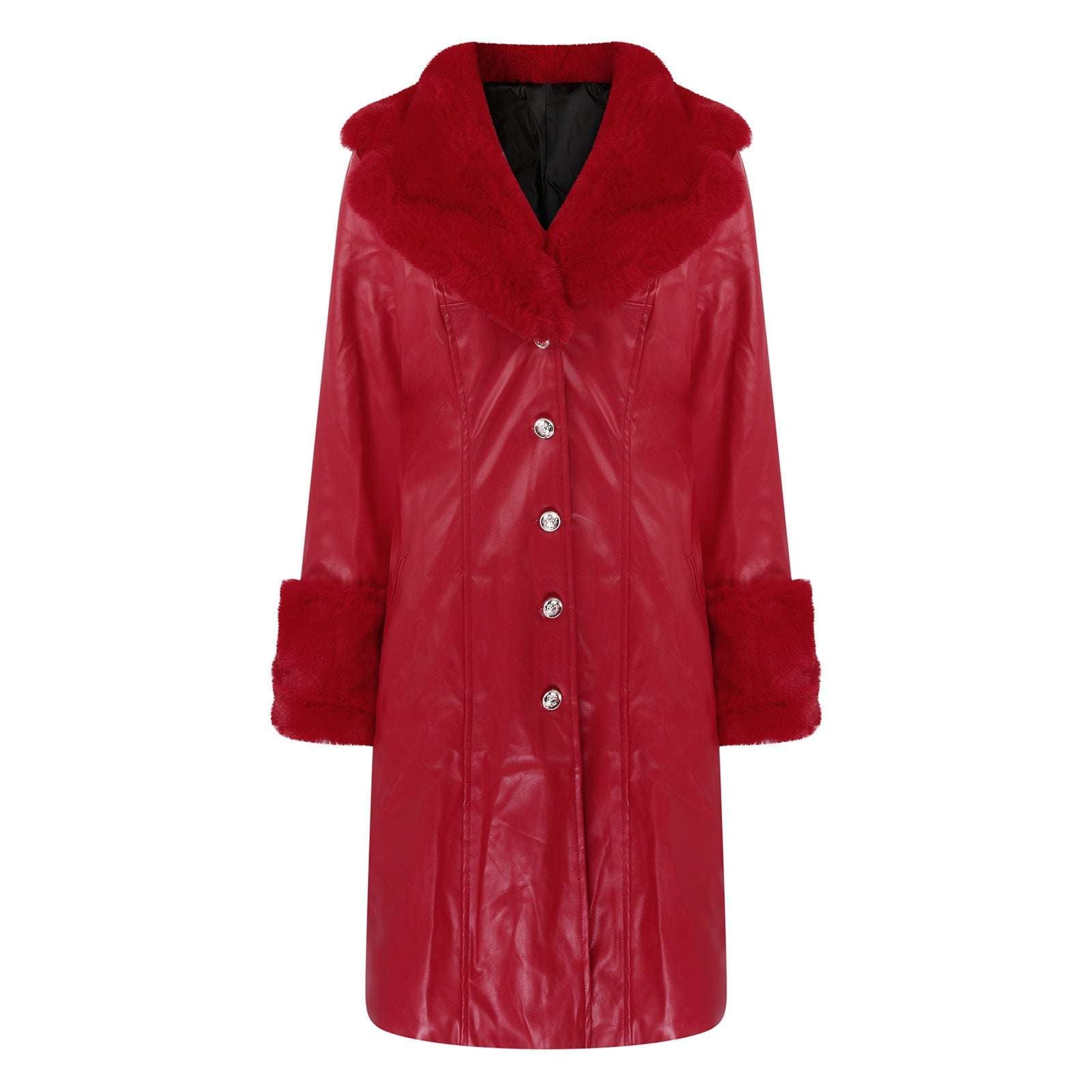 Long PU leather coat in red with faux fur collar and button-front closure