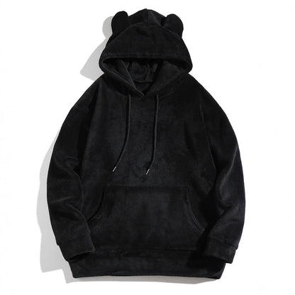 Black fleece hoodie with bear-ear hood, front kangaroo pocket, drawstring ties