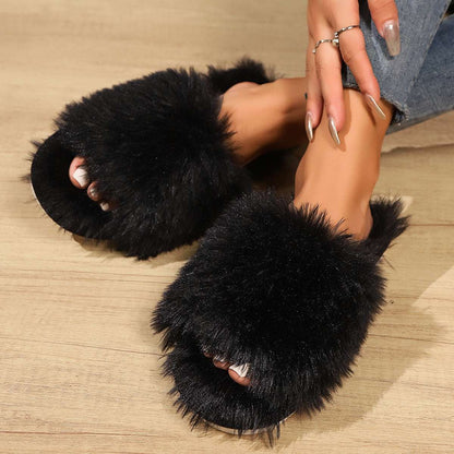 Fashion Plush Open-Toed Slippers – Warm, Soft & Fluffy for Women Fashion Open-toed Plush Slippers Winter | Ectron Online