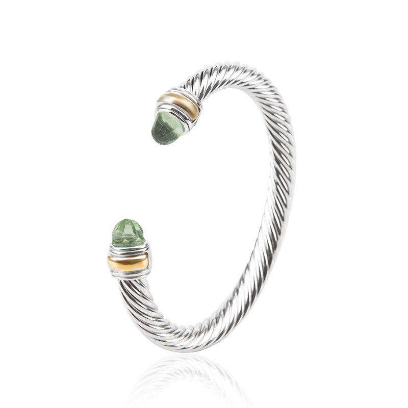 Bohemian bracelet with silver wire and green faceted crystal beads with gold accents
