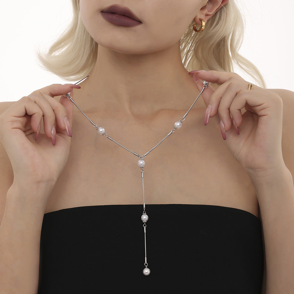 Steel pearl Y-shaped tassel necklace with dangling bead drops