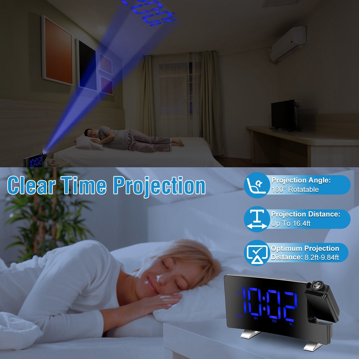Projection Alarm Clock with Radio | 180° Rotatable LED Digital Clock