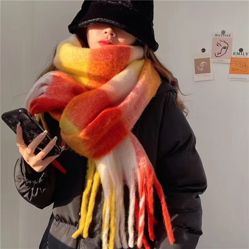 Women's Rainbow Plaid Tassel Scarf | Colorful Color-Block Winter Shawl