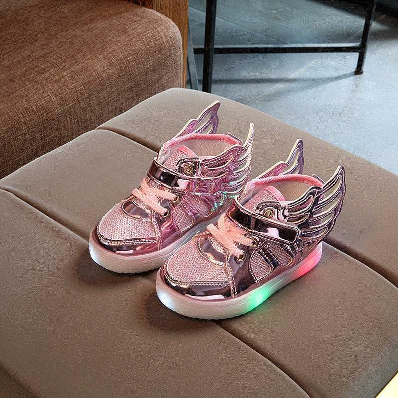 Girls' metallic pink lace-up sports shoes with straps and glowing outsole