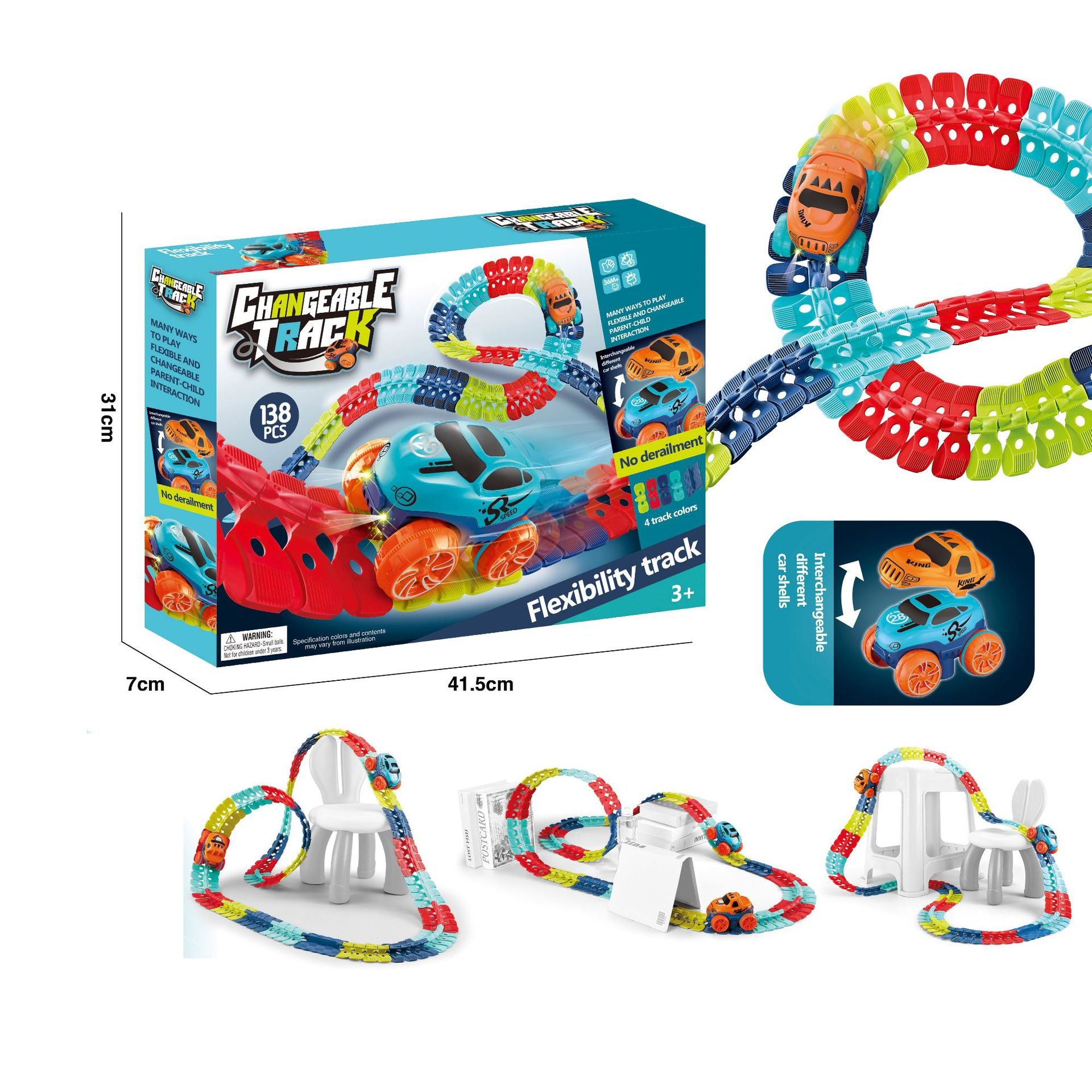 Colorful electric train track set box with included flexible track loop and toy car