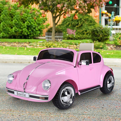 Pink kids electric ride-on car with Beetle-style body and chrome wheels