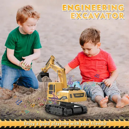 Yellow RC excavator toy on tracks with raised bucket, near playing kids.