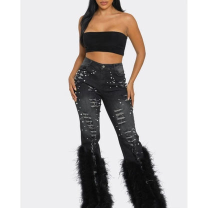 Artificial Wool Ripped Beaded Stretch Jeans