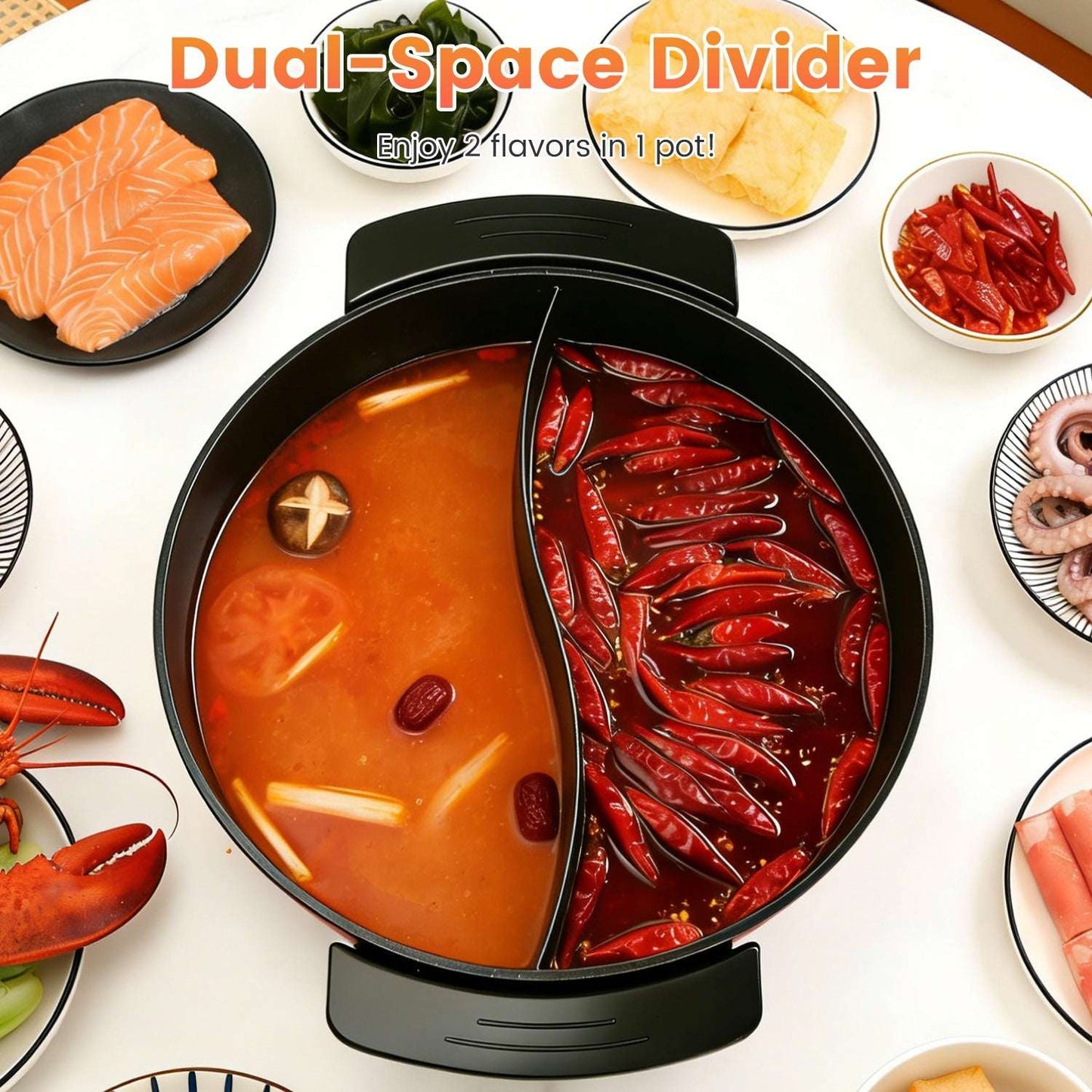 Black electric hot pot with dual-spice divider, two portions of broth and meat.