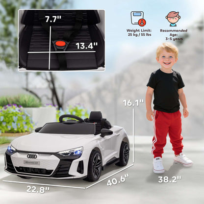 White kids ride-on car with child standing beside it; height and size guide panel shown