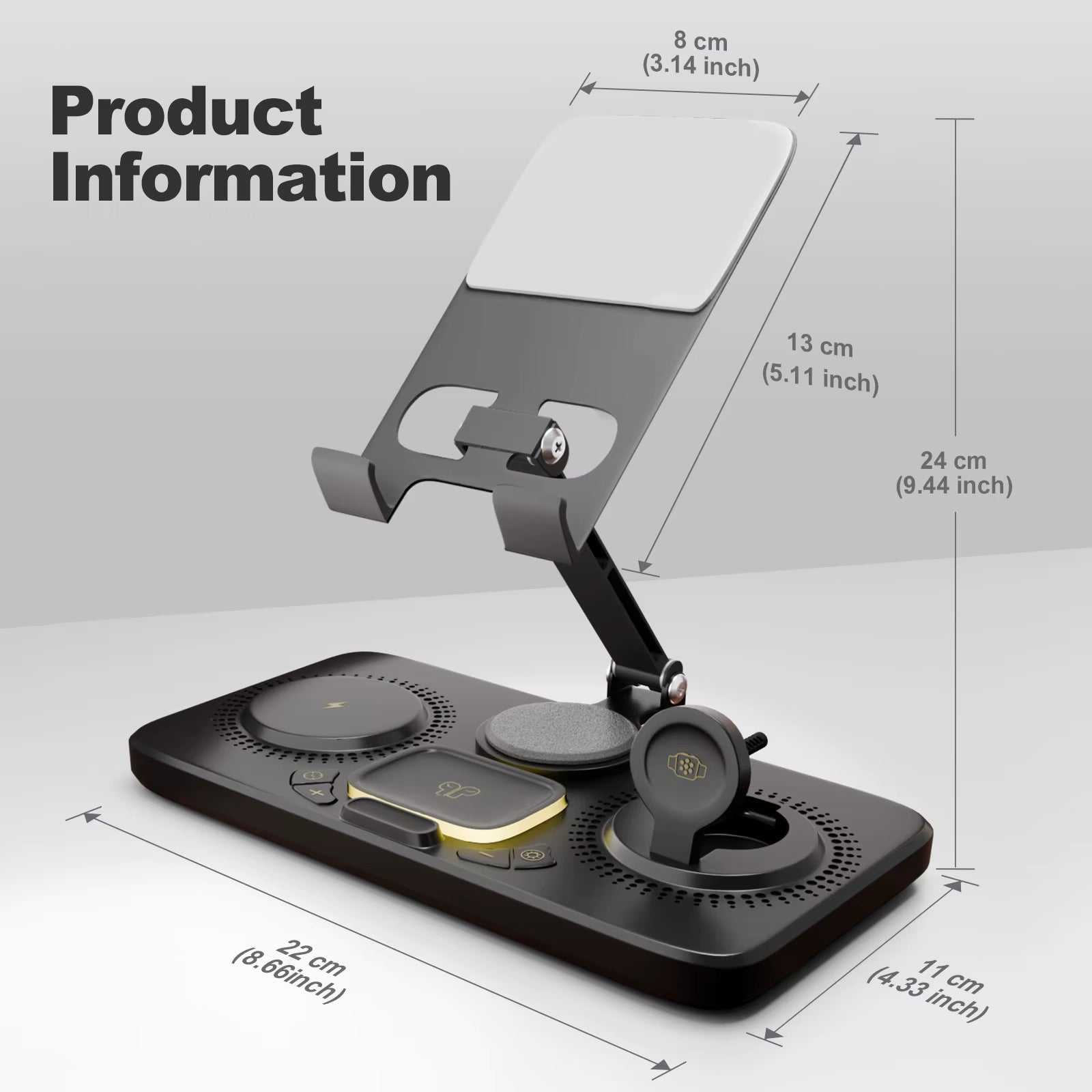 Black 6-in-1 wireless charger station base with adjustable phone stand and pads