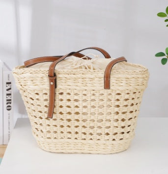 Urban Straw Braided Bag - White & Khaki Large Capacity Fashion Urban Simple Whit | Ectron Online