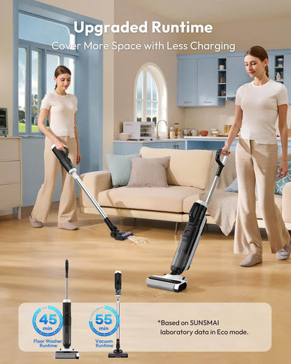 Wet dry vacuum mop upright on floor with slim nozzle and dust cup at the top