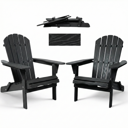 Black folding Adirondack lounge chairs with slatted back and seat, wide arms, studio view.