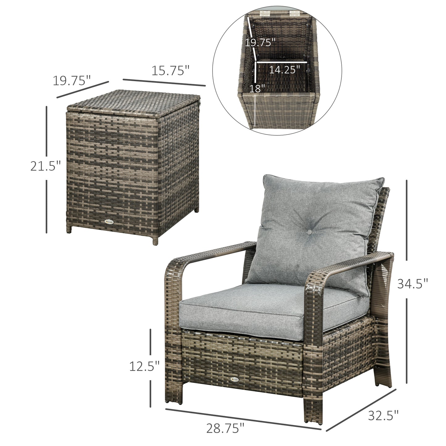 Resin wicker armchair with gray cushion and matching storage ottoman